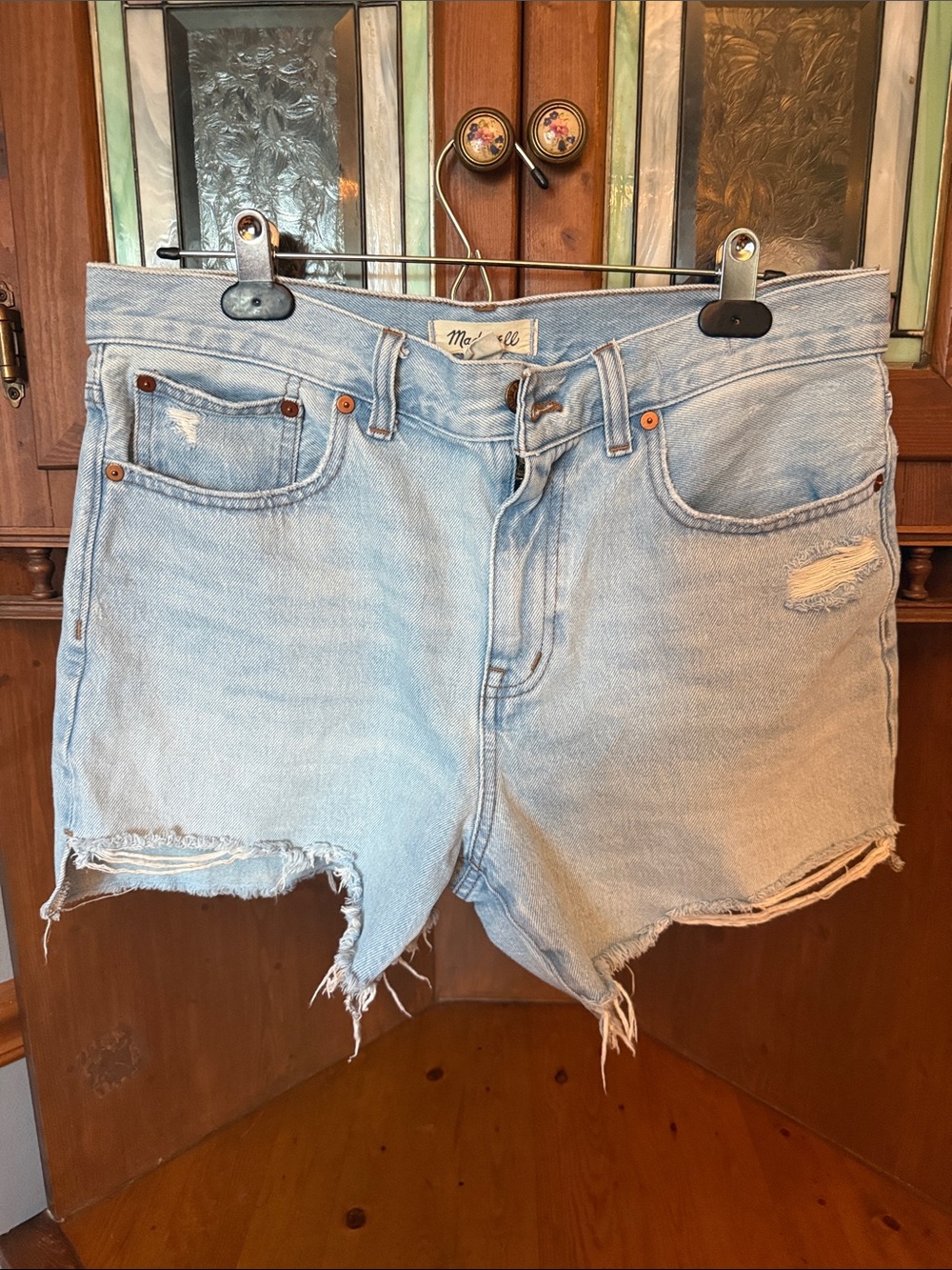 Madewell Relaxed High-Rise Mid-Length Denim Shorts Light Wash Distressed Size28